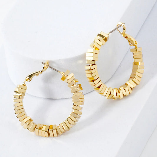 14K-Gold-Dipped 4mm Brass Square Beaded 30mm Omega-Back Hoop Earrings