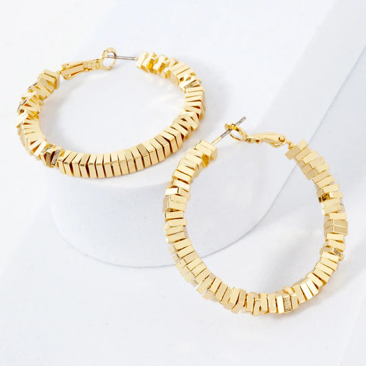 14K-Gold-Dipped 4mm Brass Square Beaded 40mm Omega-Back Hoop Earrings