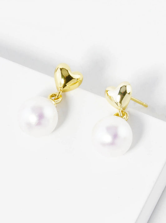 14K Gold Dipped 7mm Pearl Bead Drop Heart Post Earrings