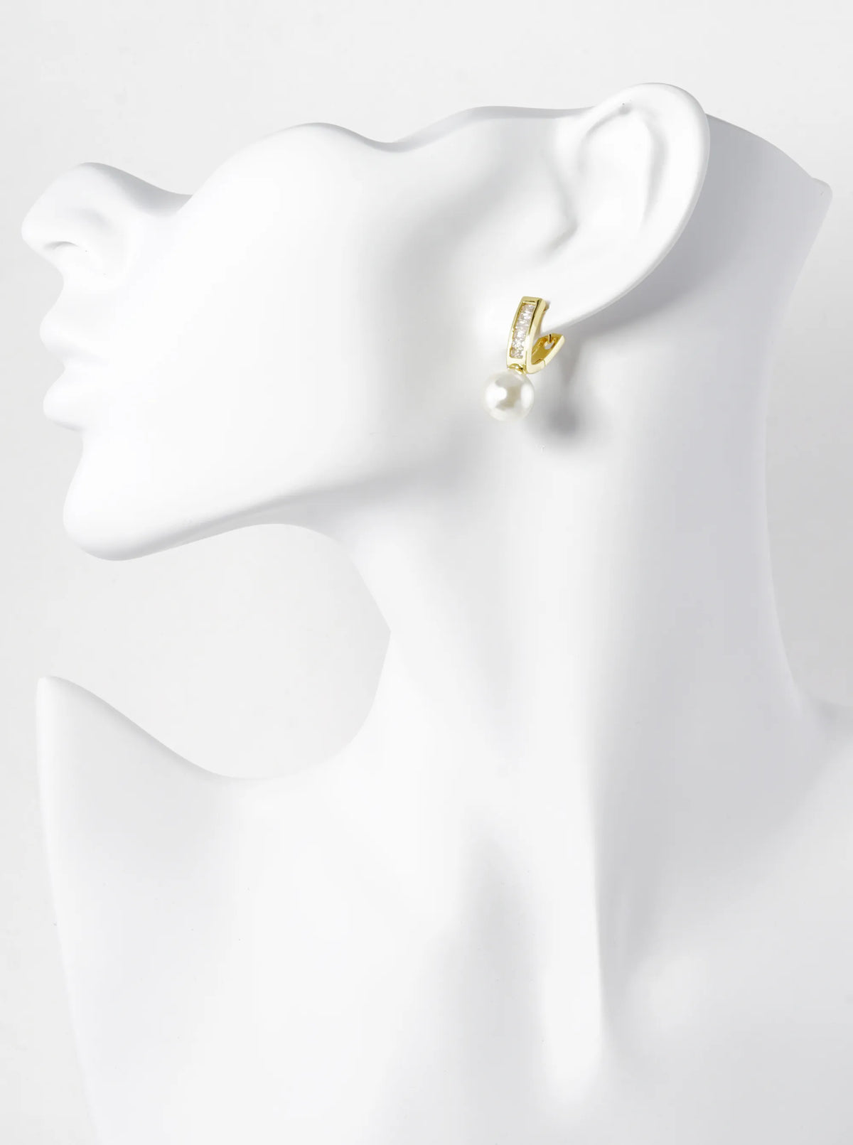 14K Gold Dipped 9mm Pearl Drop Baguette CZ Pave Huggie Hoop Earrings