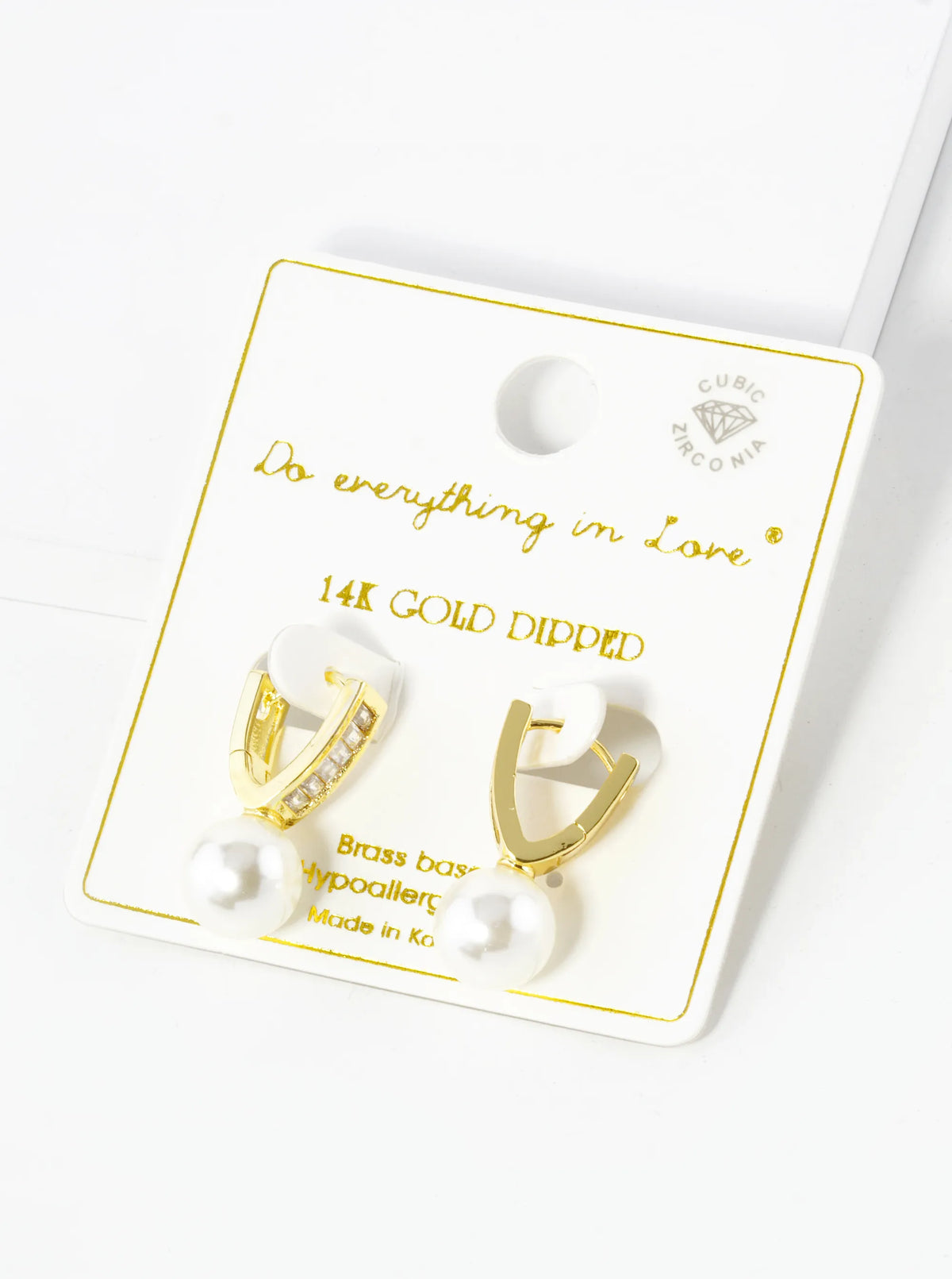 14K Gold Dipped 9mm Pearl Drop Baguette CZ Pave Huggie Hoop Earrings