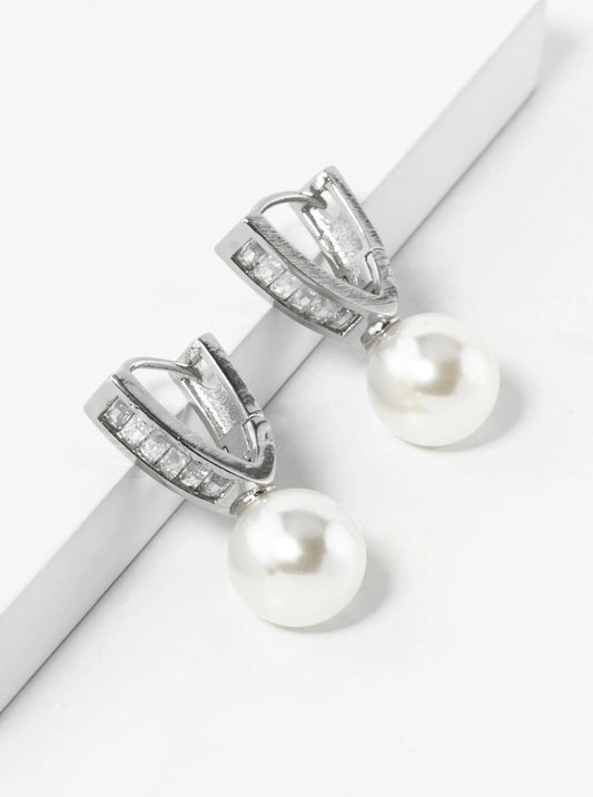 14K Gold Dipped 9mm Pearl Drop Baguette CZ Pave Huggie Hoop Earrings