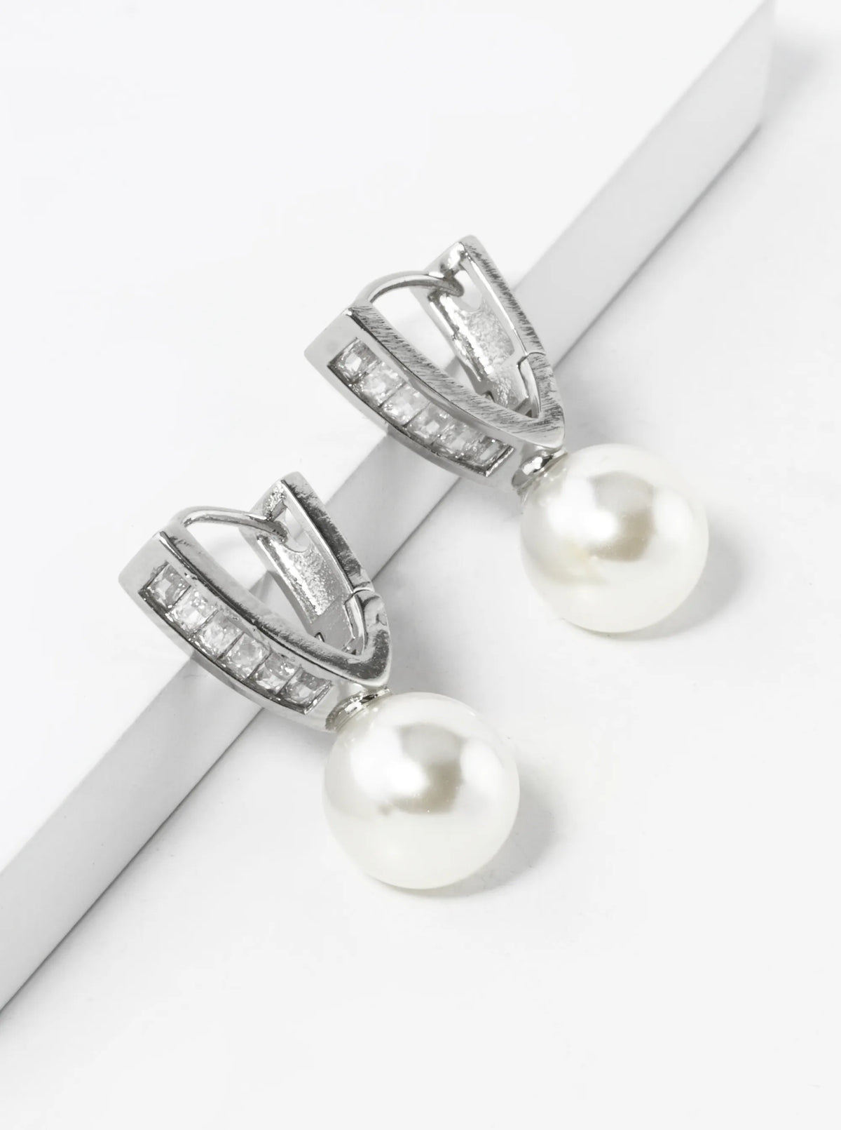 14K Gold Dipped 9mm Pearl Drop Baguette CZ Pave Huggie Hoop Earrings
