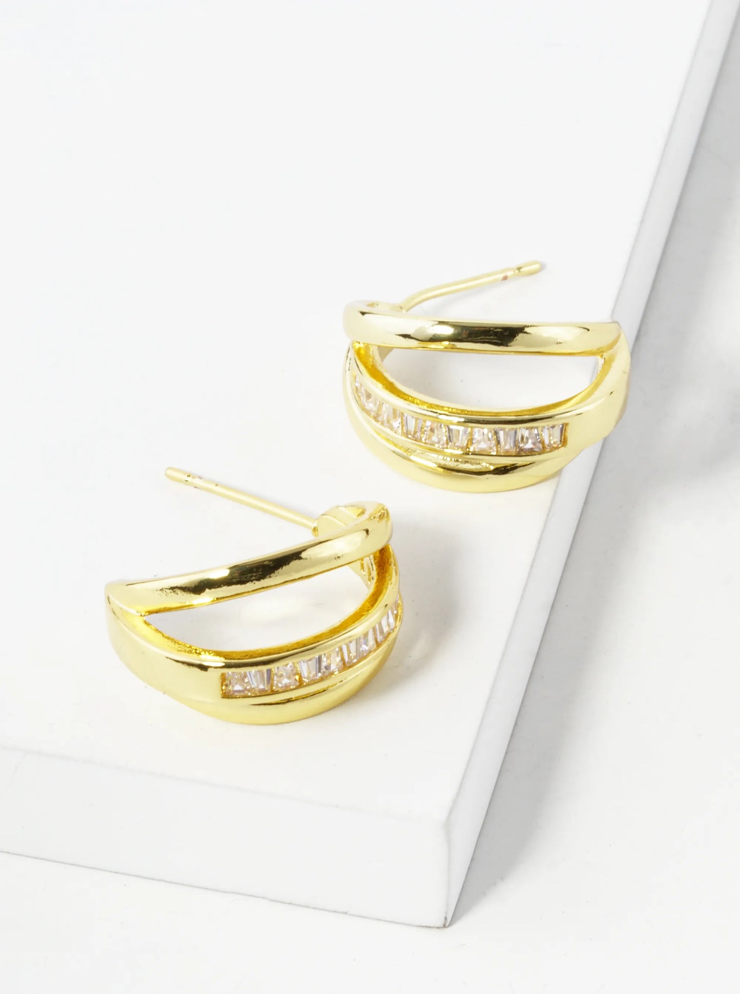 14K Gold Dipped Baguette CZ Accents 20mm Claw Hoop Earrings