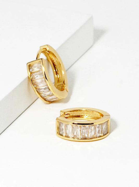 14K Gold Dipped Baguette CZ Pave 10mm Huggie Hoop Earrings