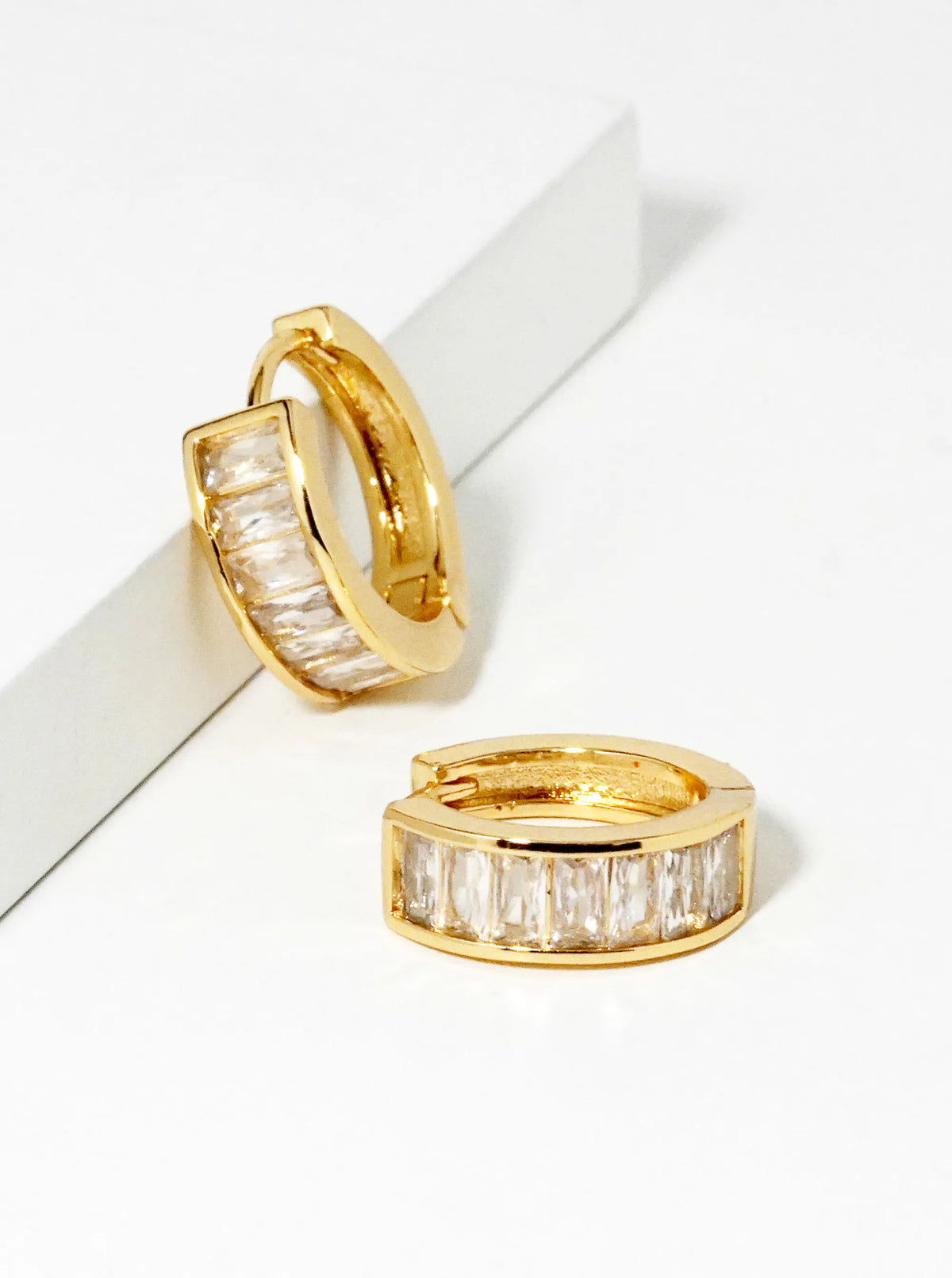 14K Gold Dipped Baguette CZ Pave 10mm Huggie Hoop Earrings