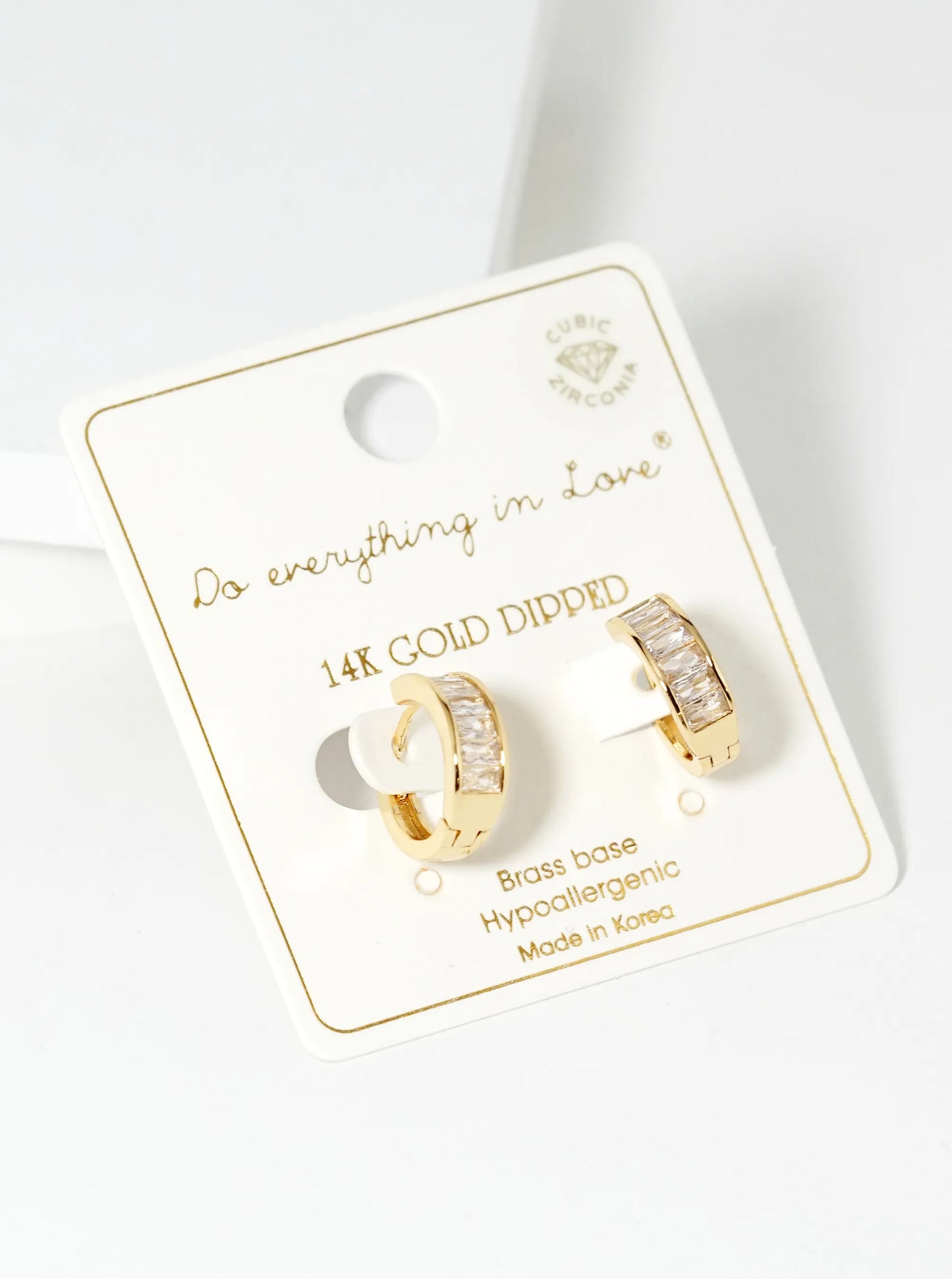 14K Gold Dipped Baguette CZ Pave 10mm Huggie Hoop Earrings