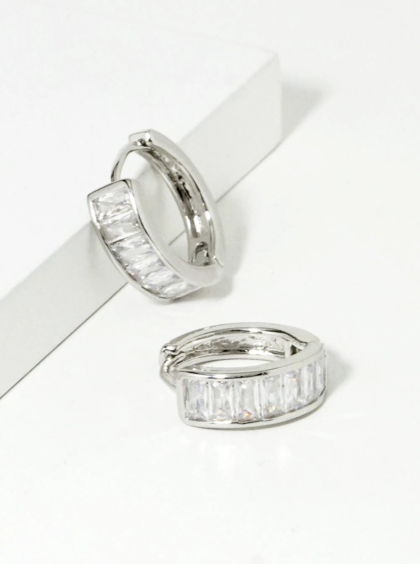 14K Gold Dipped Baguette CZ Pave 10mm Huggie Hoop Earrings