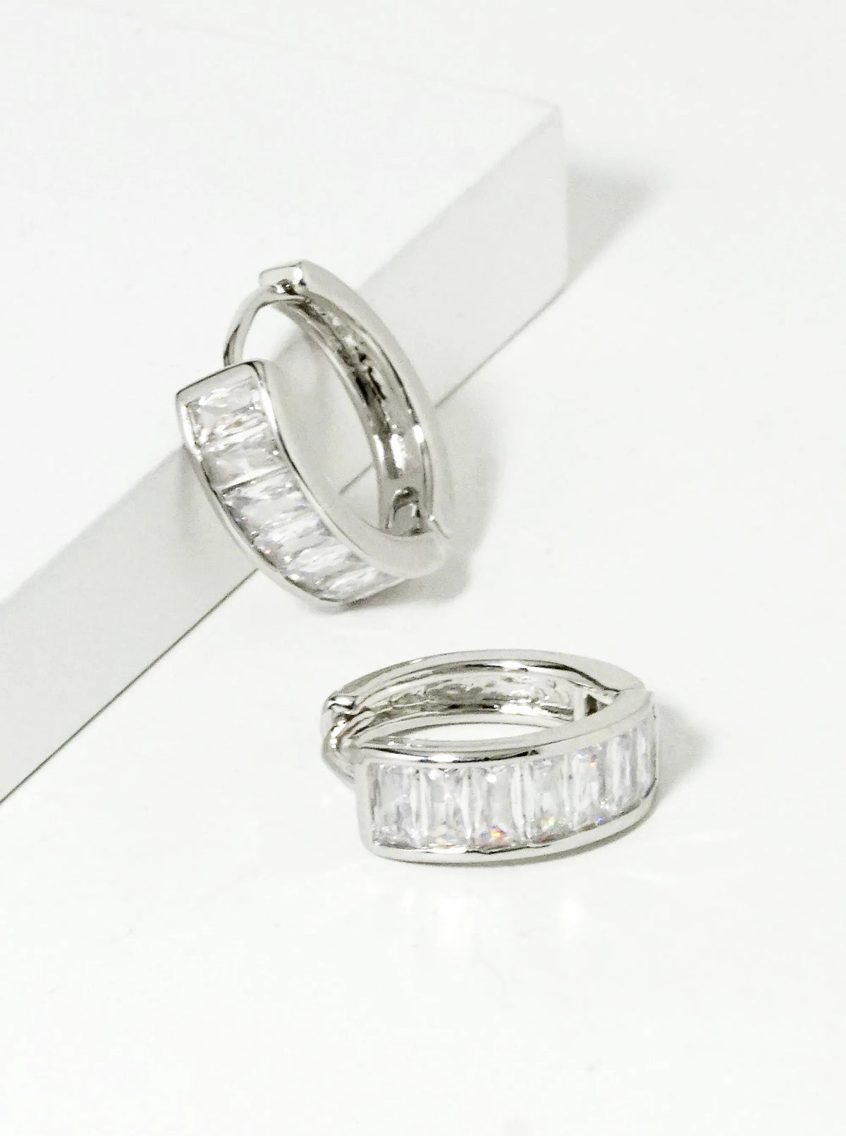 14K Gold Dipped Baguette CZ Pave 10mm Huggie Hoop Earrings