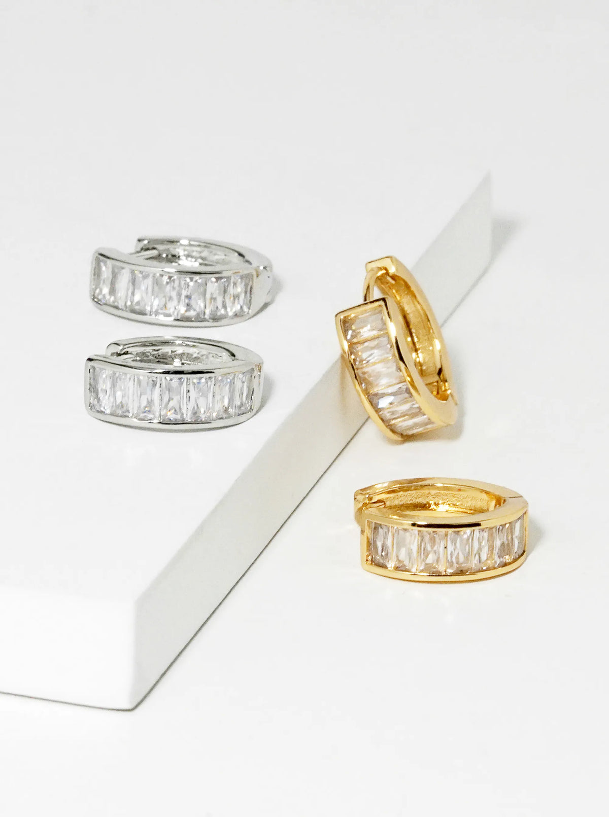 14K Gold Dipped Baguette CZ Pave 10mm Huggie Hoop Earrings