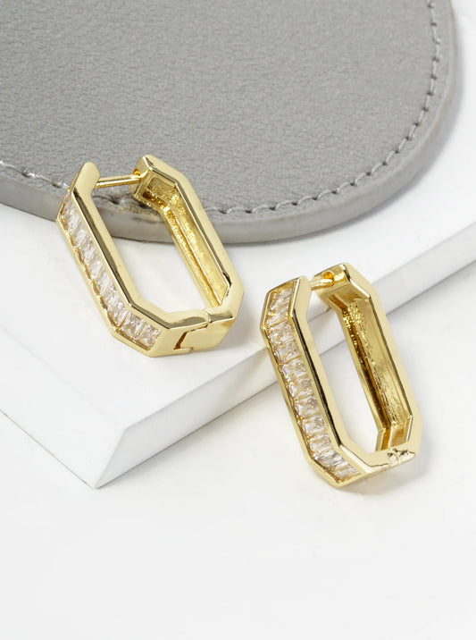 14K Gold Dipped Baguette Cubic Zirconia Long Octagon 22mm Huggie Hoop Earrings