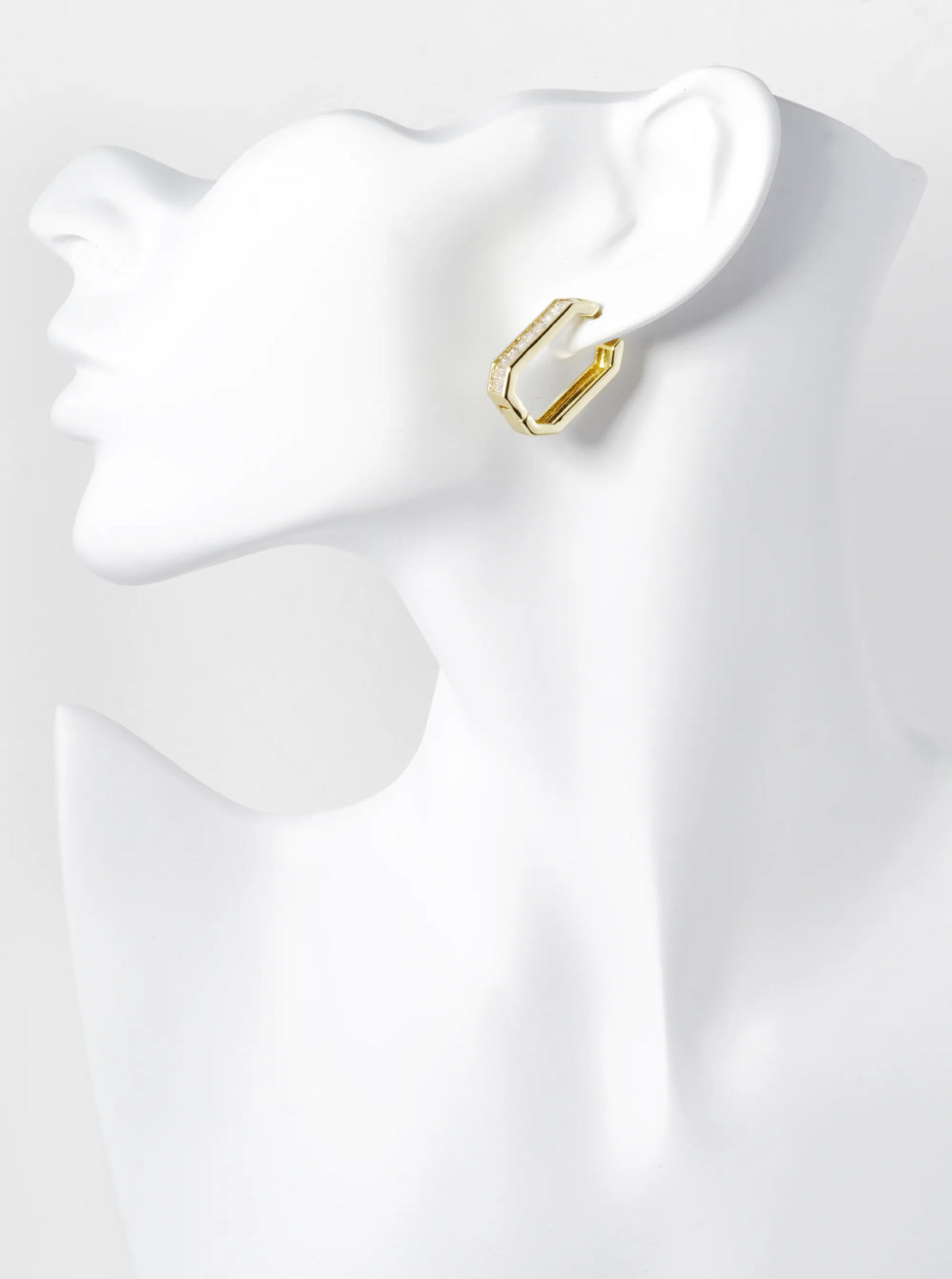 14K Gold Dipped Baguette Cubic Zirconia Long Octagon 22mm Huggie Hoop Earrings