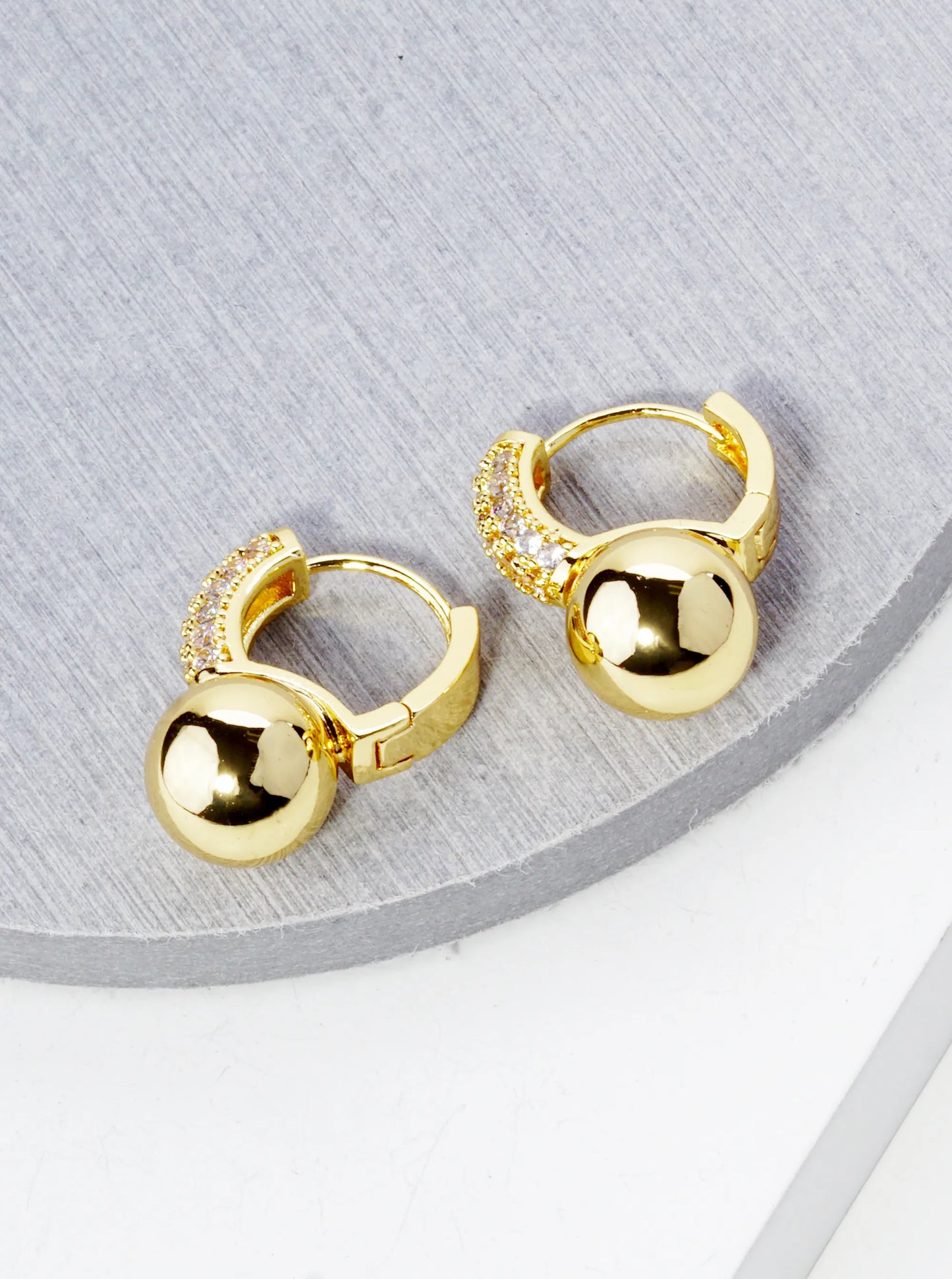 14K Gold Dipped Ball Drop Pave Set Cubic Zirconia 10mm Huggie Hoop Earrings