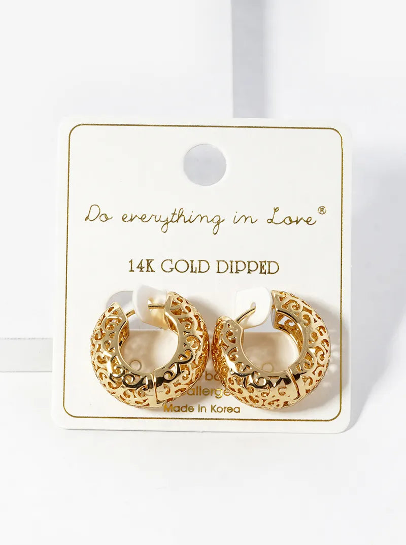14K Gold Dipped Bold Filigree Huggie Hoop Earrings