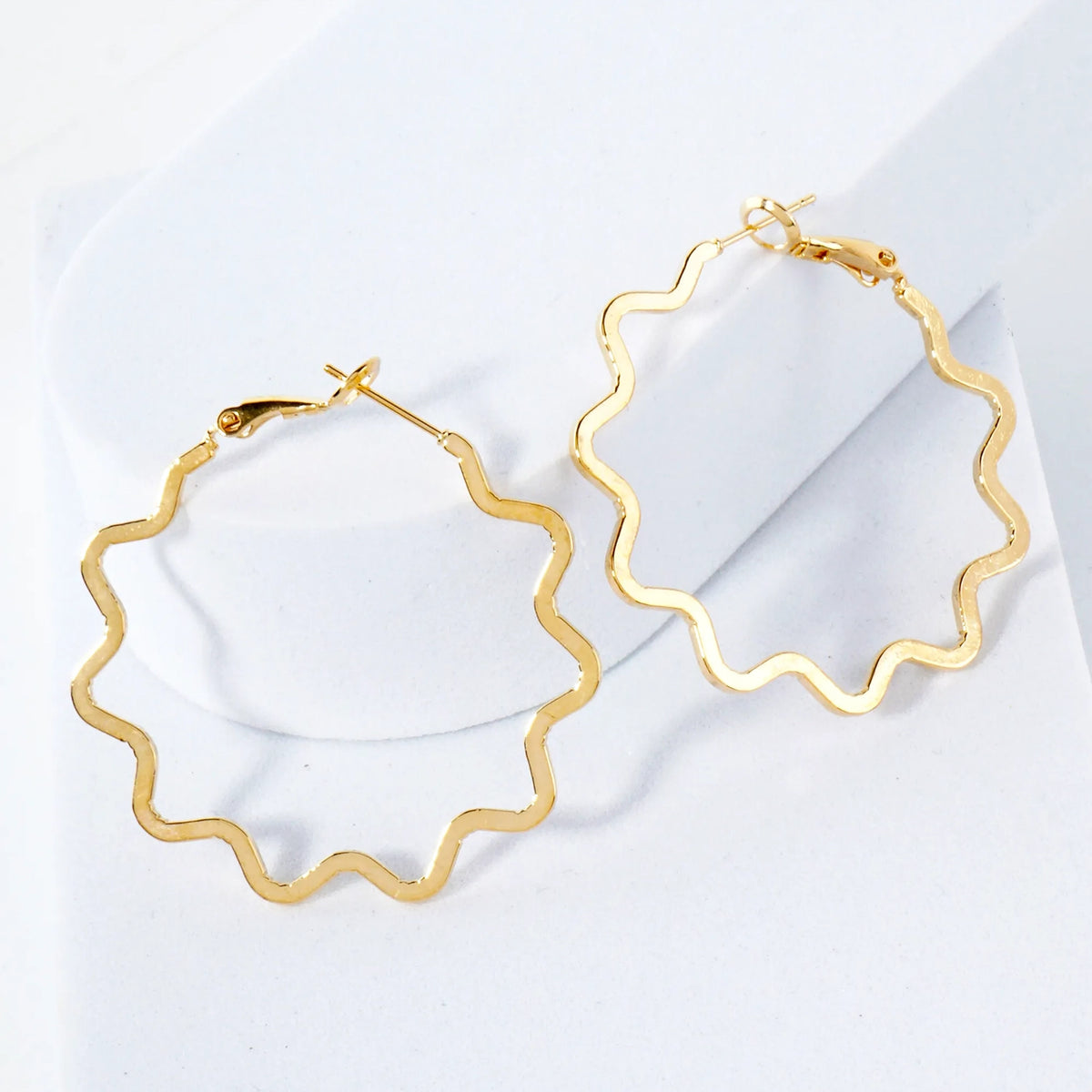 14K-Gold-Dipped Brass Flat Wavy 40mm Open Hoop Earrings