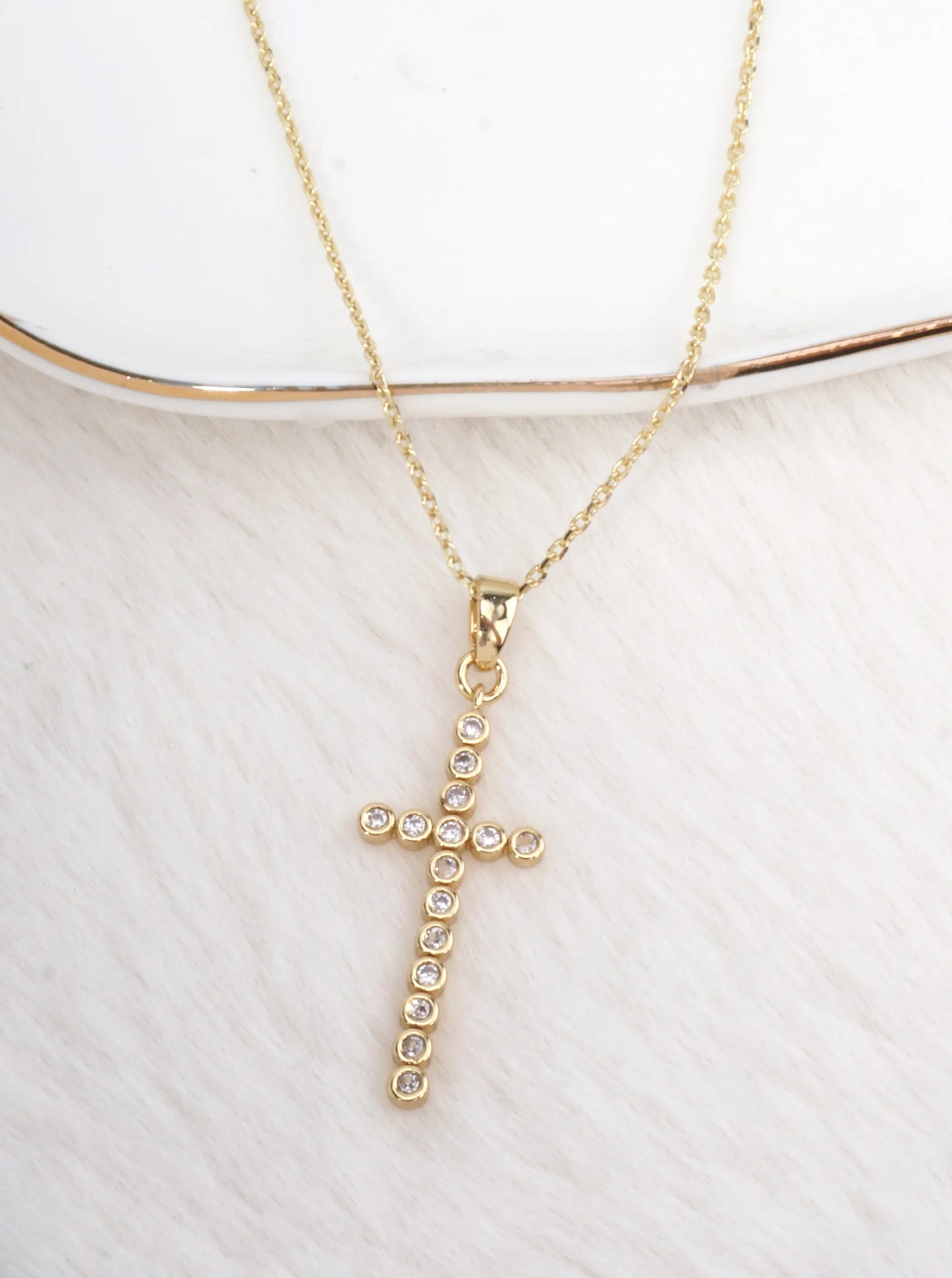 14K-Gold-Dipped CZ Bezel Cross Necklace