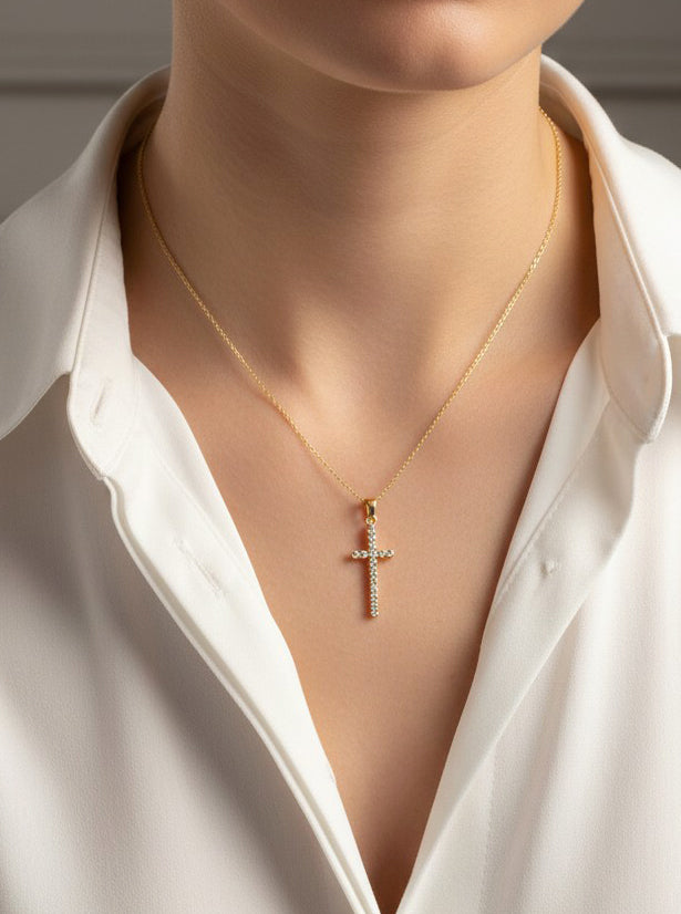 14K-Gold-Dipped CZ Bezel Cross Necklace