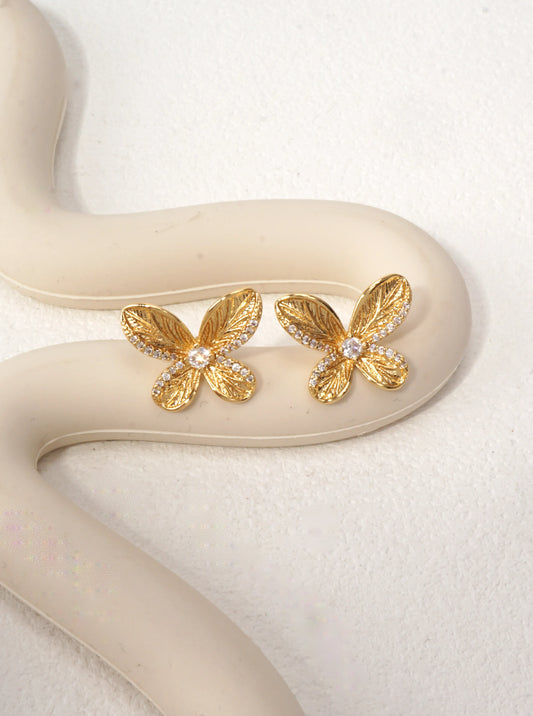 14K Gold-Dipped CZ Butterfly Stud Earrings