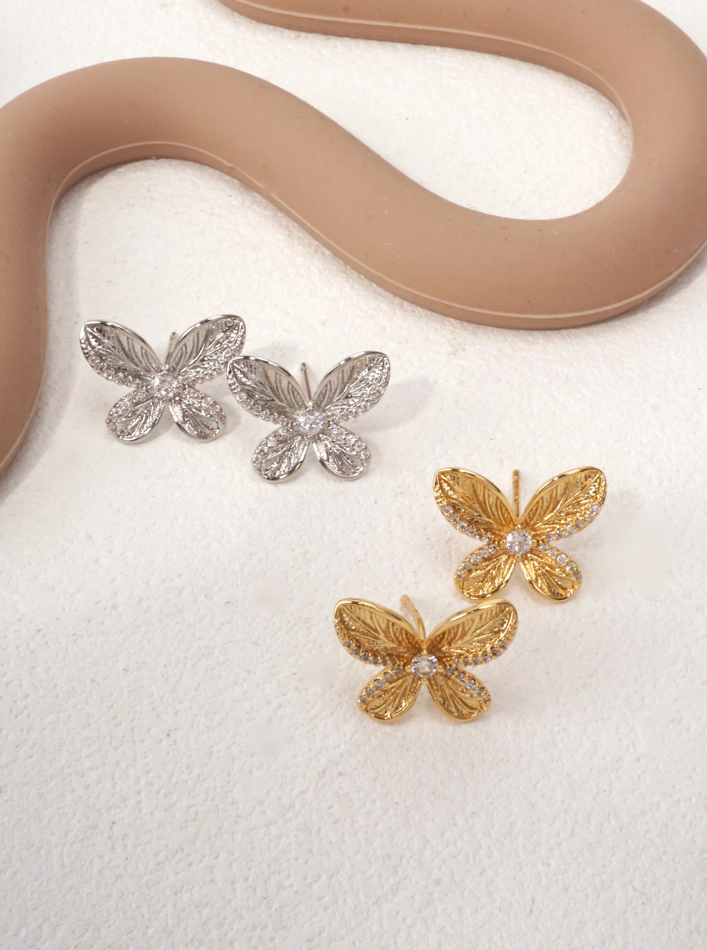 14K Gold-Dipped CZ Butterfly Stud Earrings