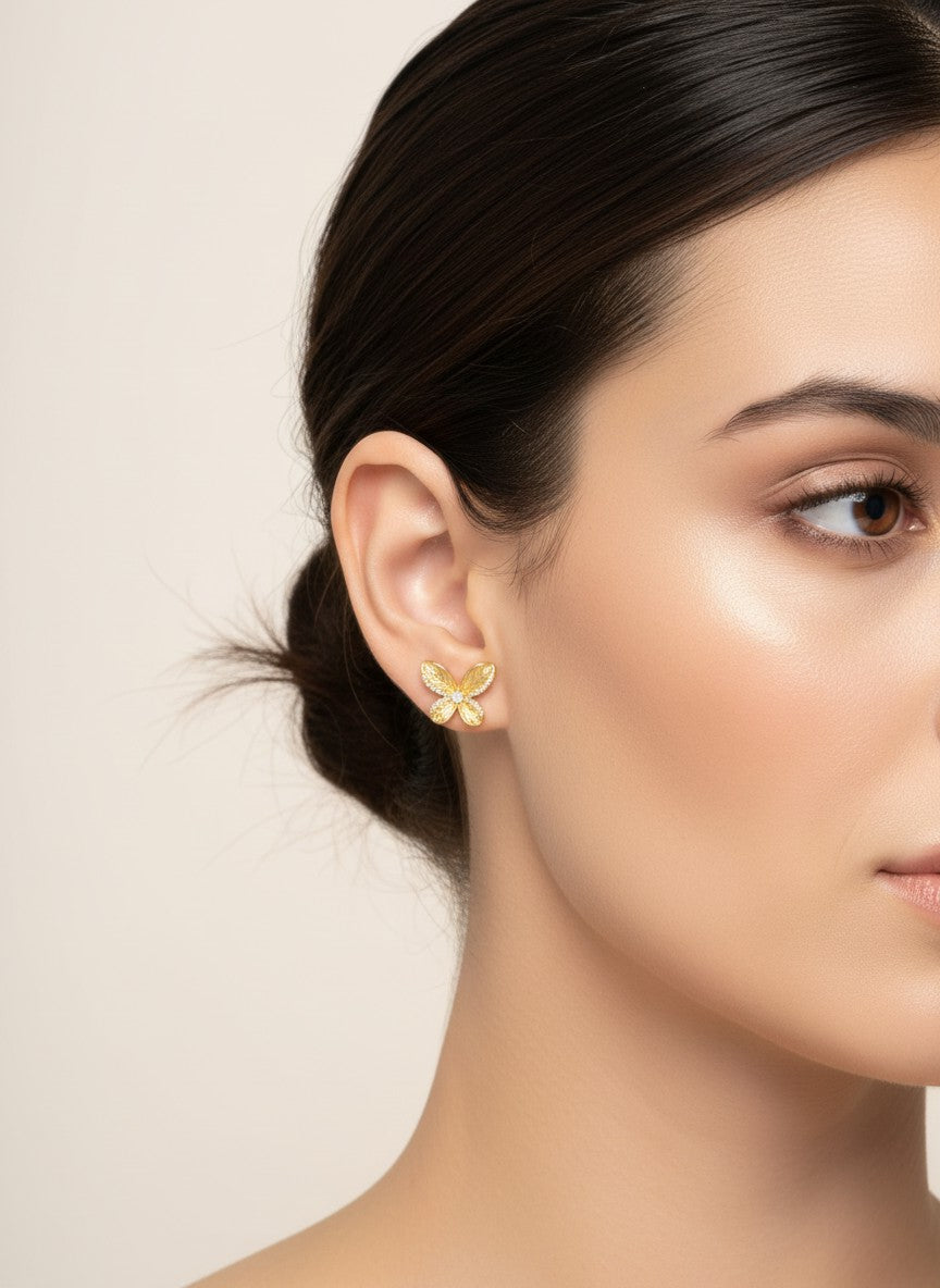 14K Gold-Dipped CZ Butterfly Stud Earrings