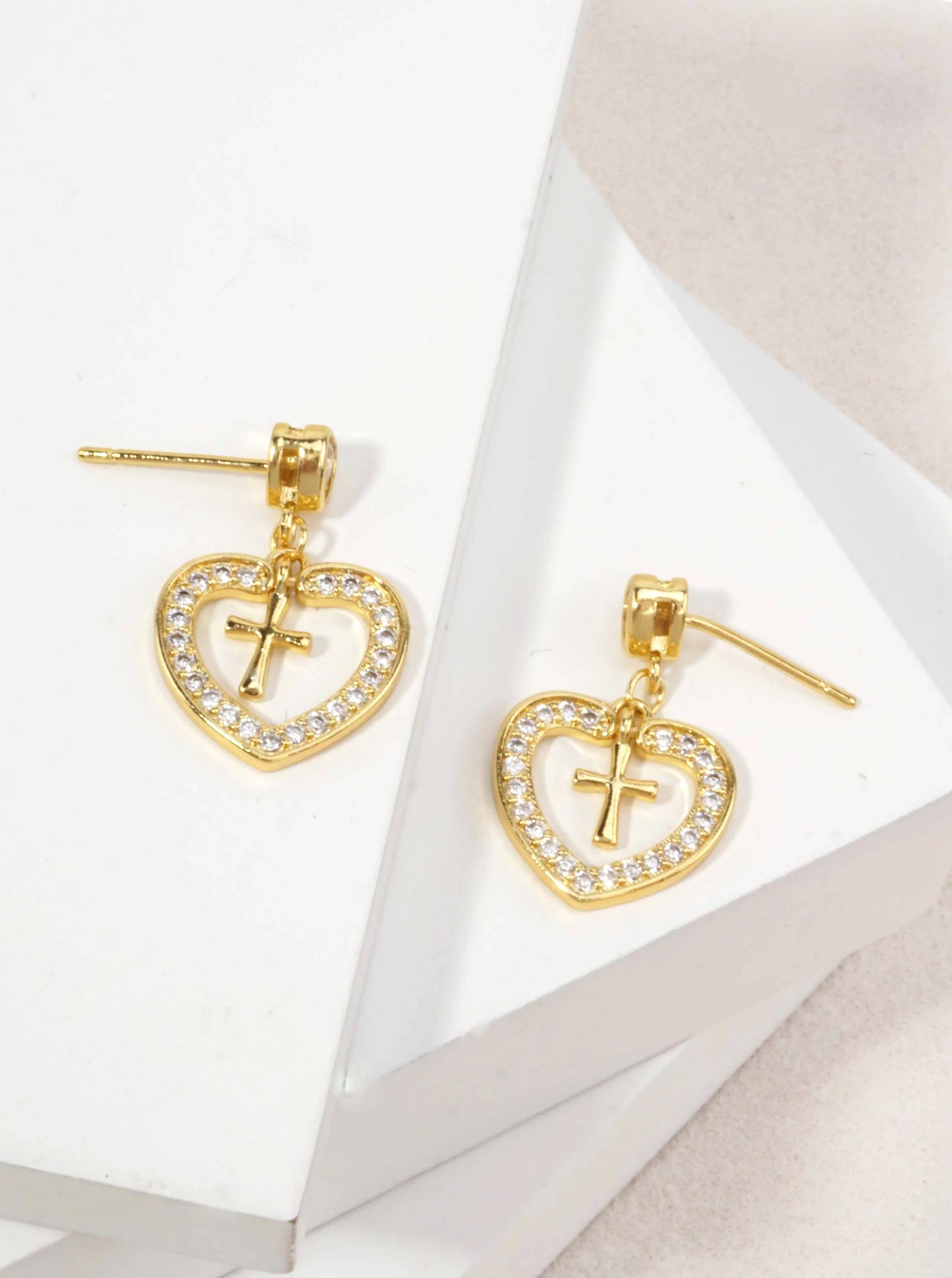 14K Gold Dipped CZ Heart Cross Drop Earrings