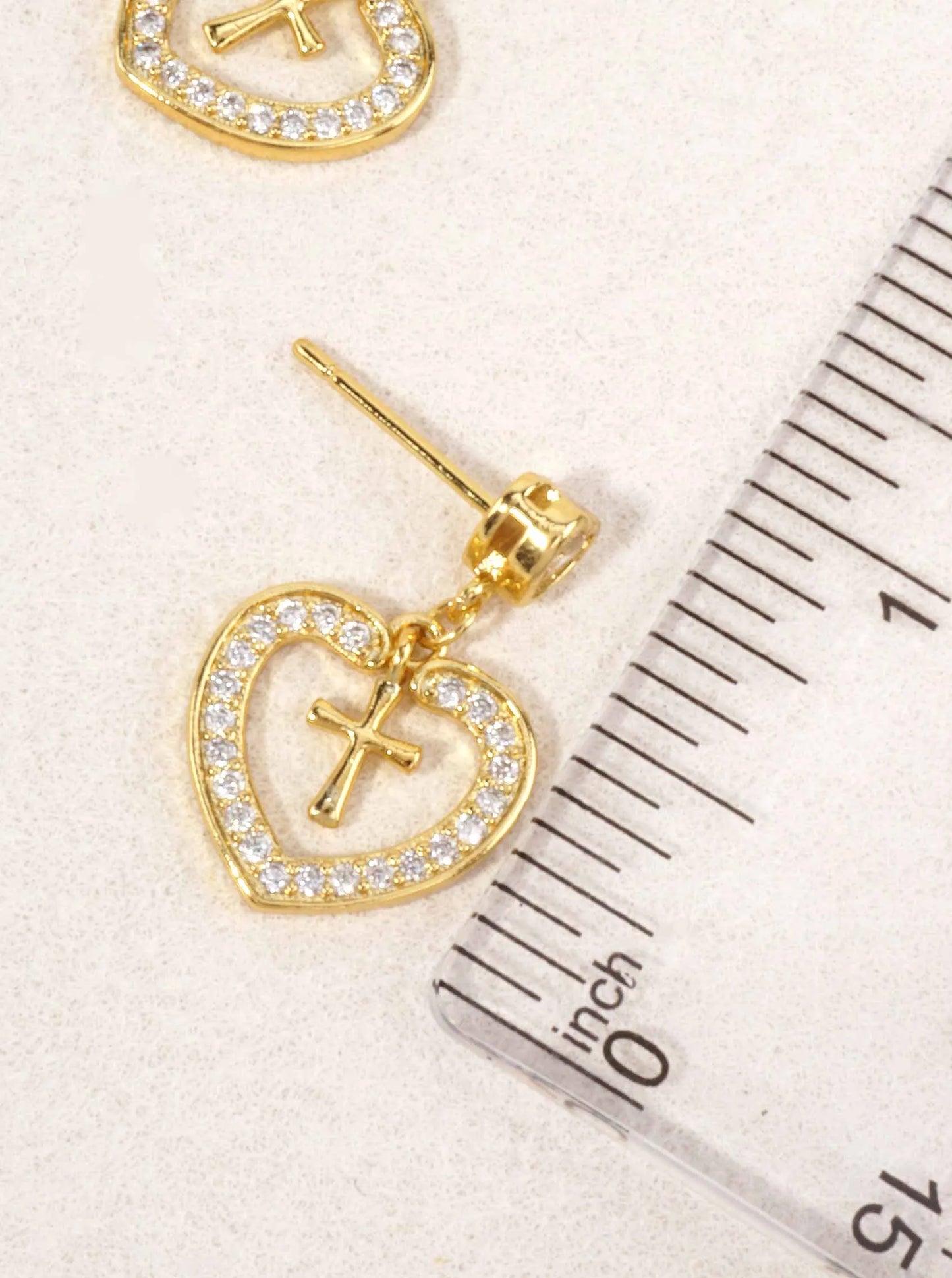 14K Gold Dipped CZ Heart Cross Drop Earrings