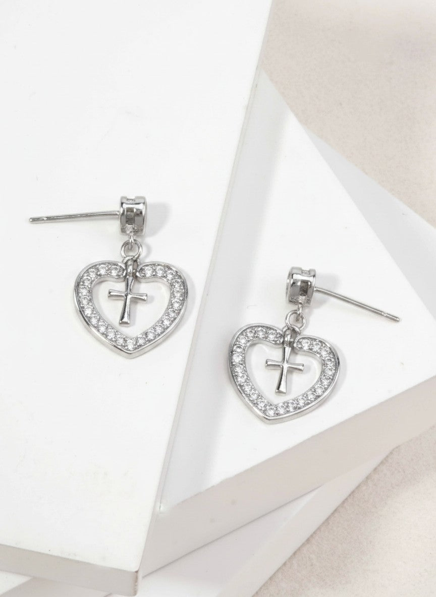 14K Gold Dipped CZ Heart Cross Drop Earrings