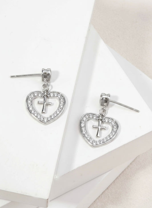 14K Gold Dipped CZ Heart Cross Drop Earrings