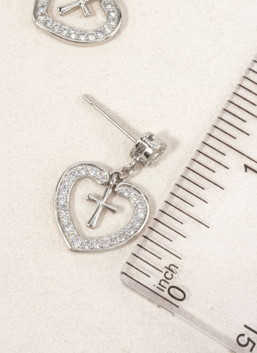 14K Gold Dipped CZ Heart Cross Drop Earrings