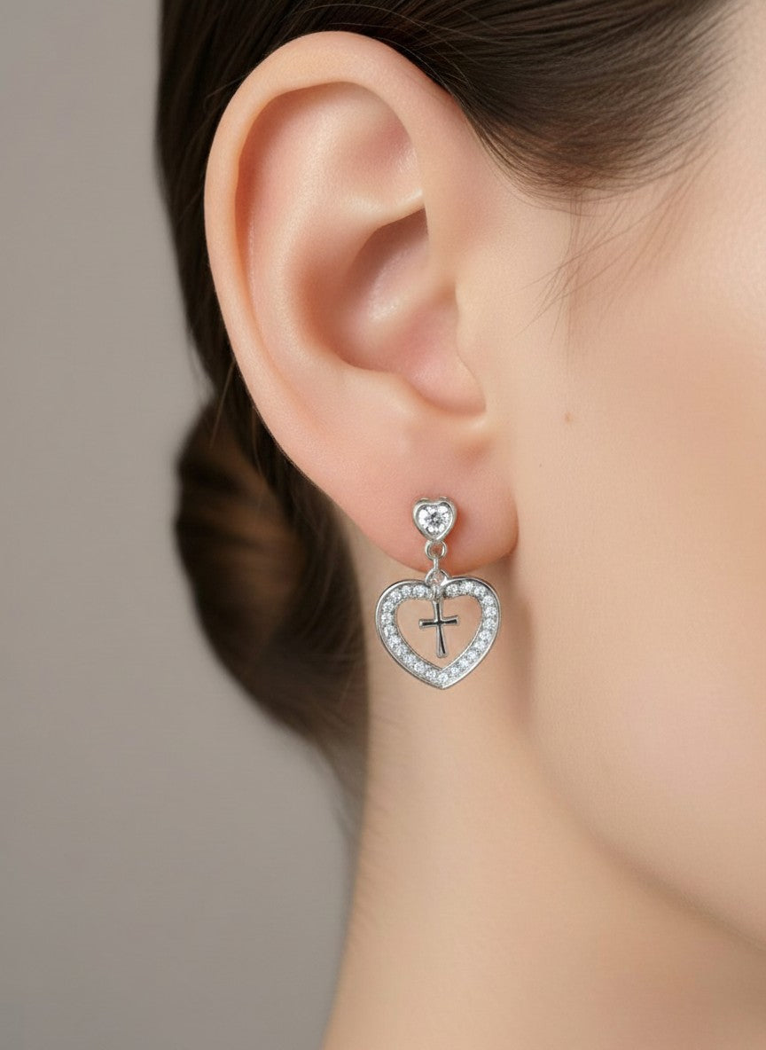 14K Gold Dipped CZ Heart Cross Drop Earrings