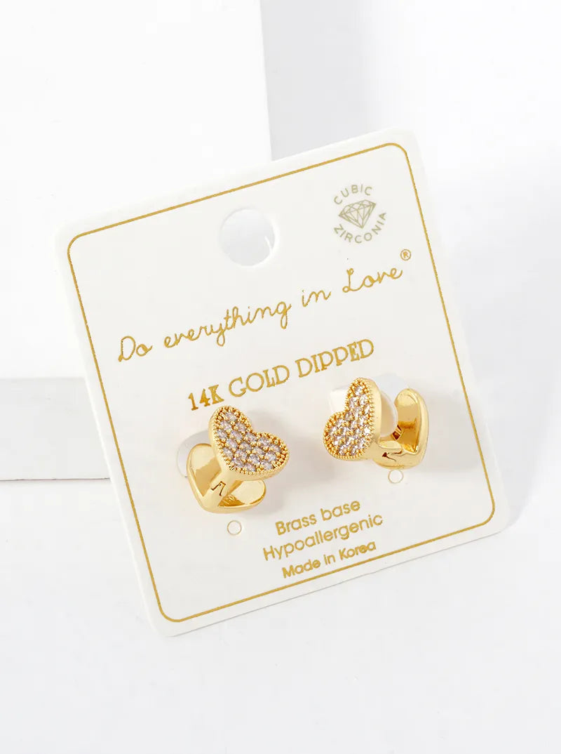 14K Gold Dipped CZ Pave 10mm Heart Huggie Hoop Earrings