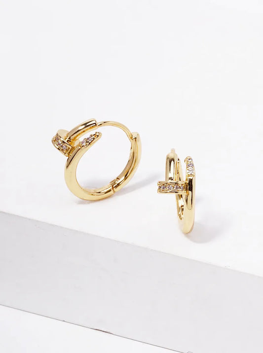 14K Gold Dipped CZ Pave 15mm Nail Huggie Hoop Earrings