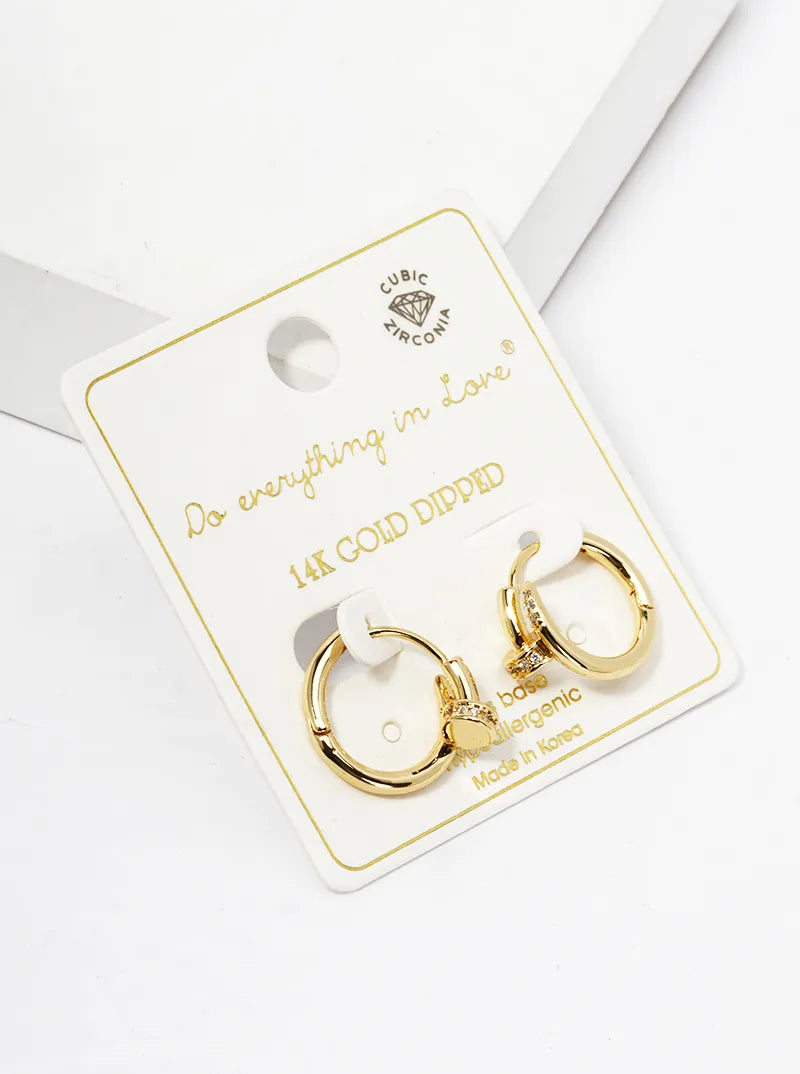 14K Gold Dipped CZ Pave 15mm Nail Huggie Hoop Earrings
