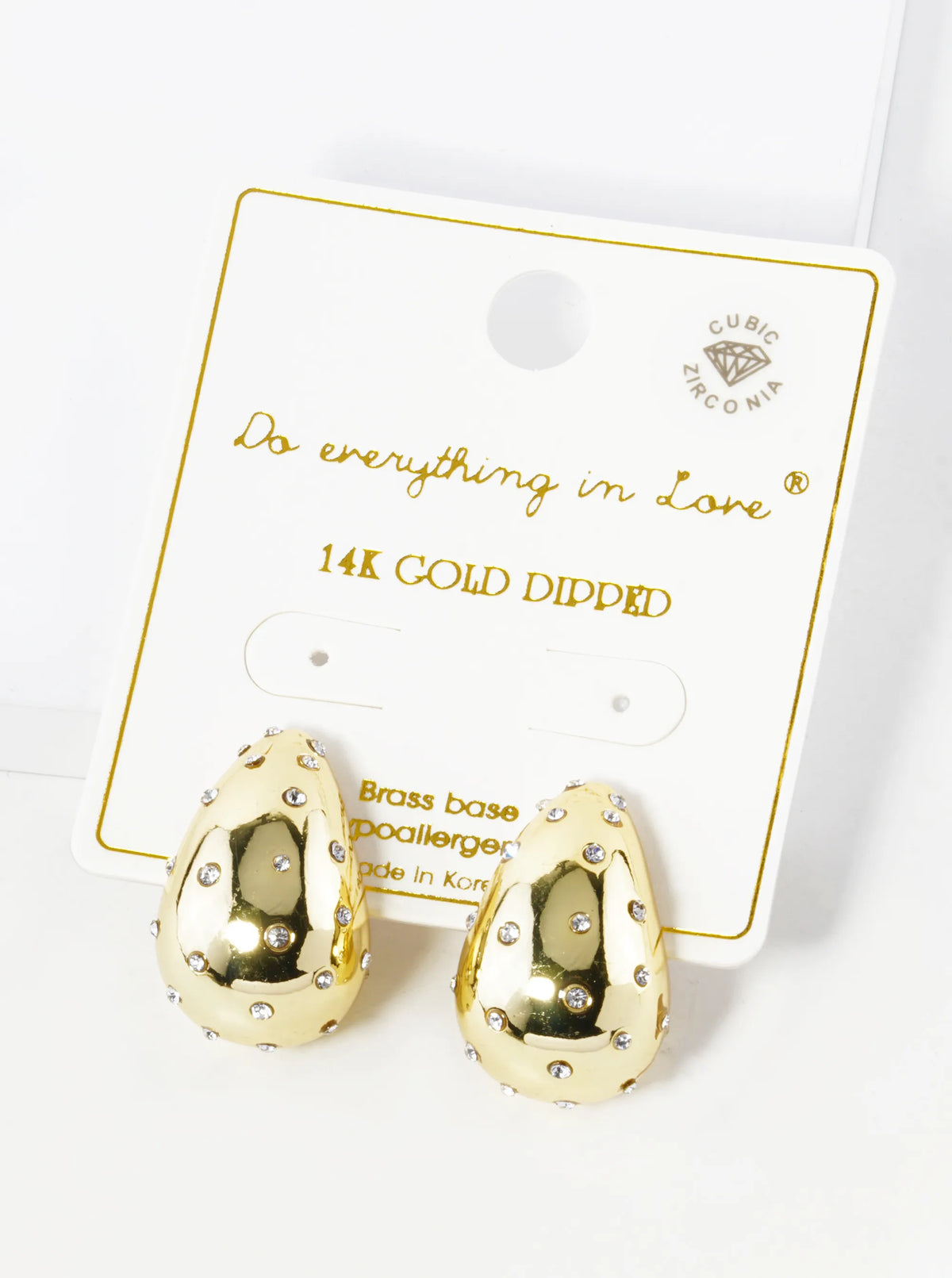 14K Gold Dipped CZ Pave 3D Puffy Teardrop Hoop Earrings