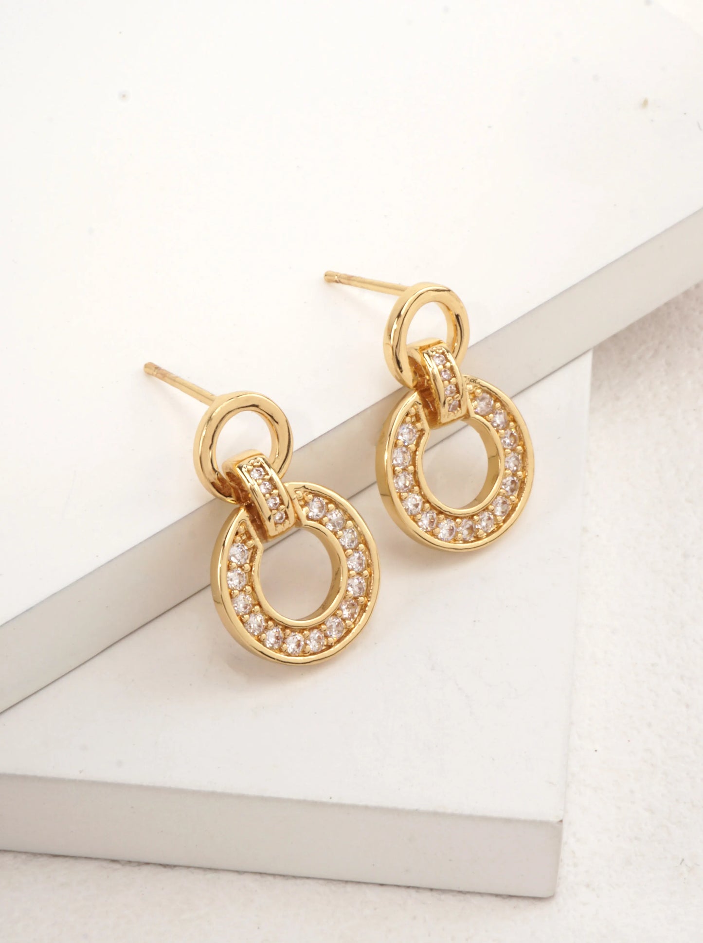14K Gold-Dipped CZ Pave Circle Dangle Earrings