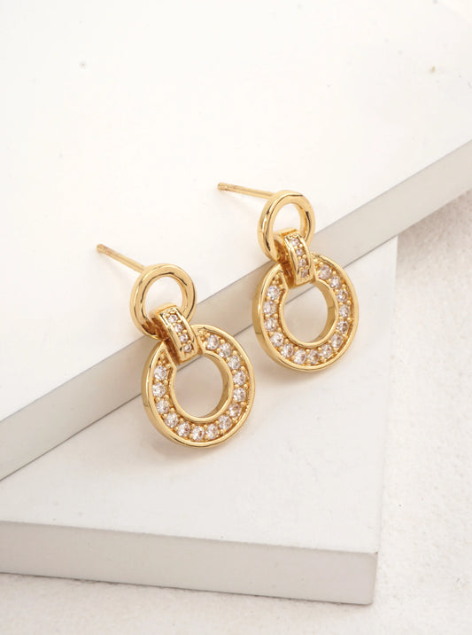 14K Gold-Dipped CZ Pave Circle Dangle Earrings