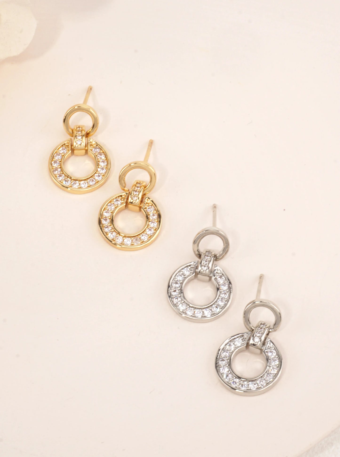 14K Gold-Dipped CZ Pave Circle Dangle Earrings