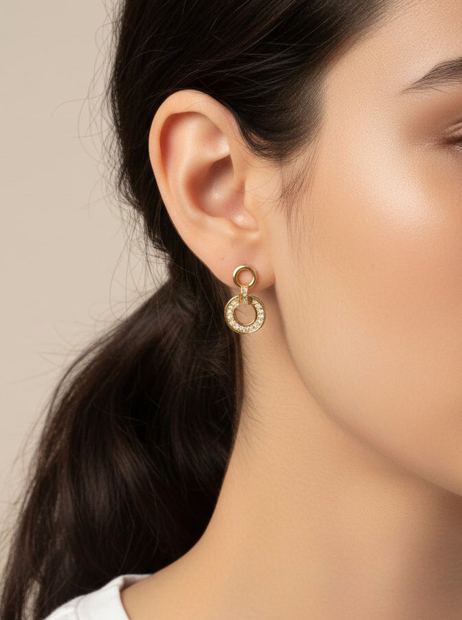 14K Gold-Dipped CZ Pave Circle Dangle Earrings