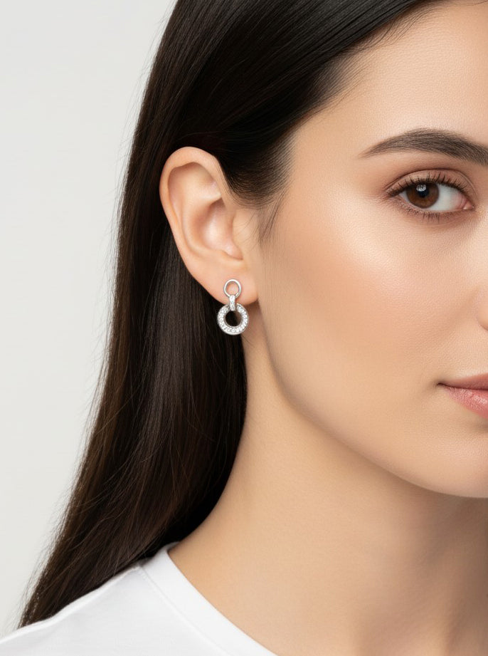 14K Gold-Dipped CZ Pave Circle Dangle Earrings