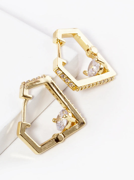 14K Gold Dipped CZ Pave Diamond Shape Huggie Hoop Earrings
