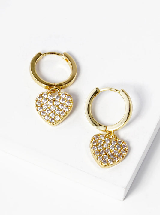14K Gold Dipped CZ Pave Heart Drop 15mm Huggie Hoop Earrings