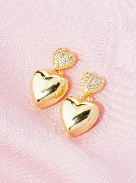 14K Gold Dipped CZ Pave Hollow Double Heart Drop Post Earrings