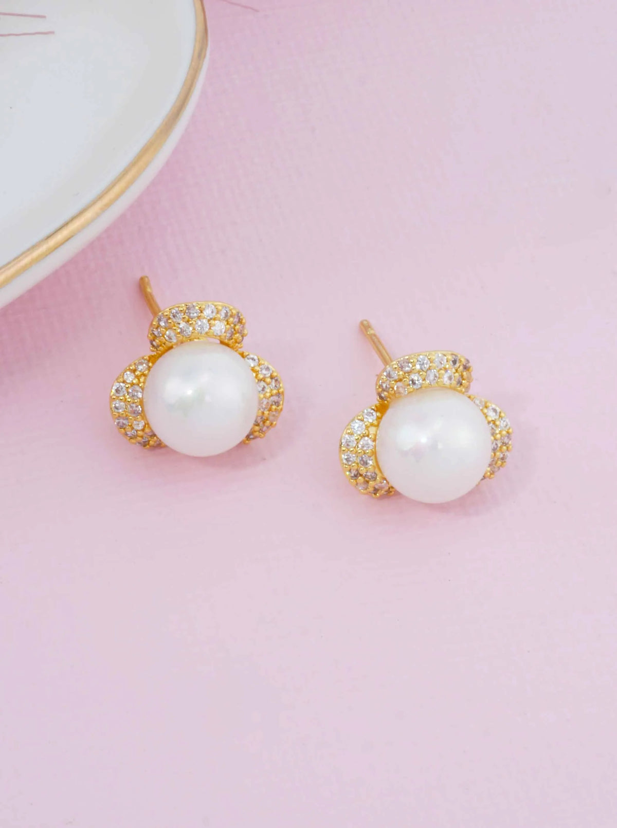 14K Gold Dipped CZ Pave Pearl Flower Stud Earrings - Gold White