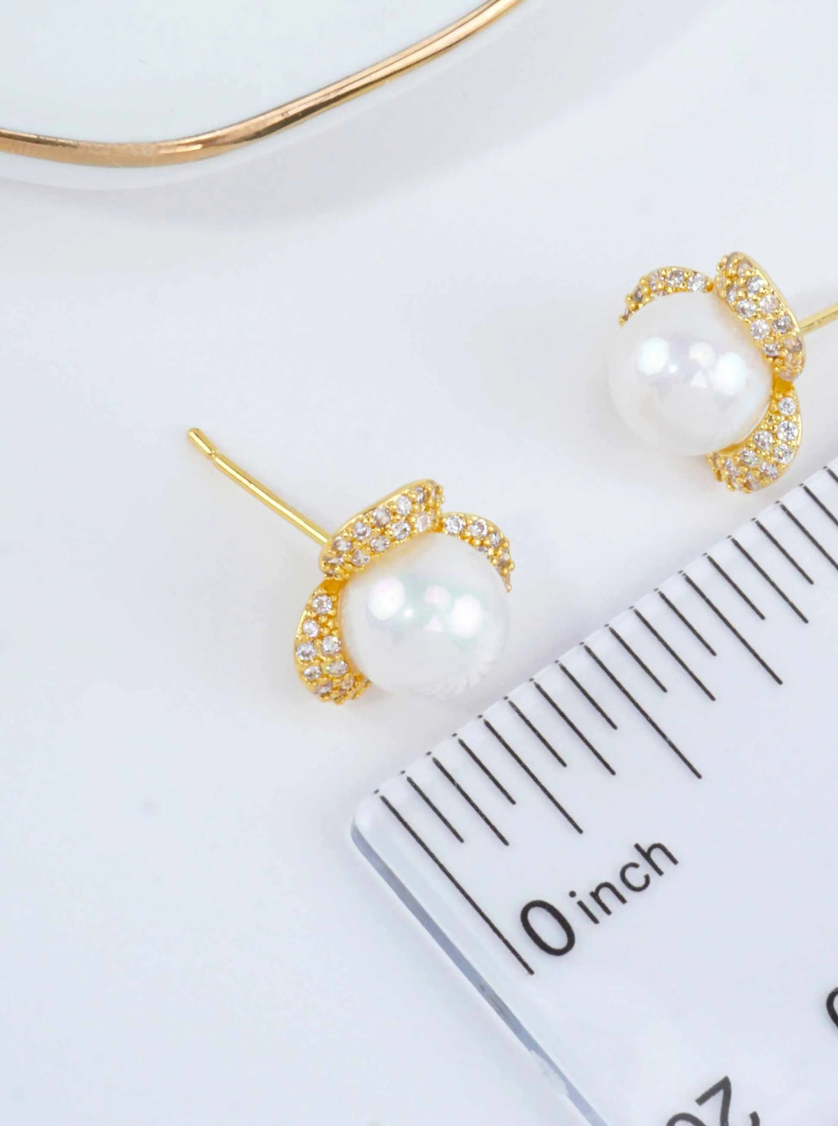 14K Gold Dipped CZ Pave Pearl Flower Stud Earrings - Gold White