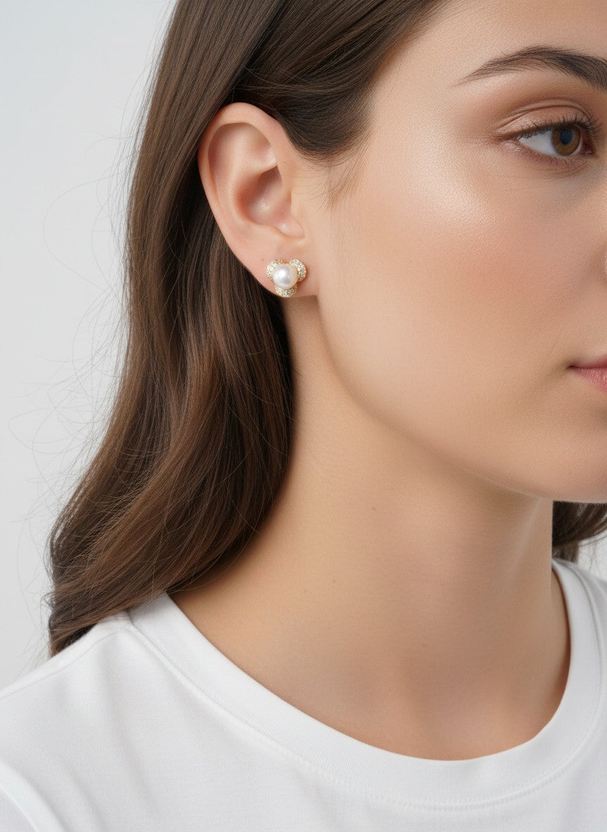 14K Gold Dipped CZ Pave Pearl Flower Stud Earrings - Gold White