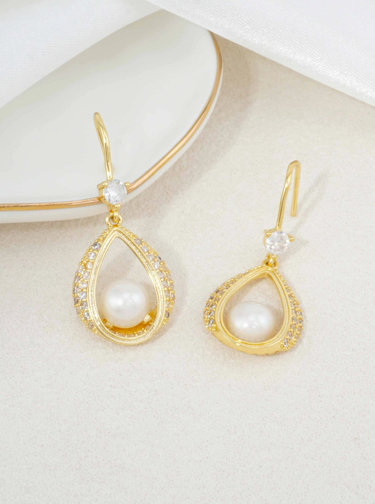 14K Gold Dipped CZ Pave Pearl Teardrop Earrings - Gold White