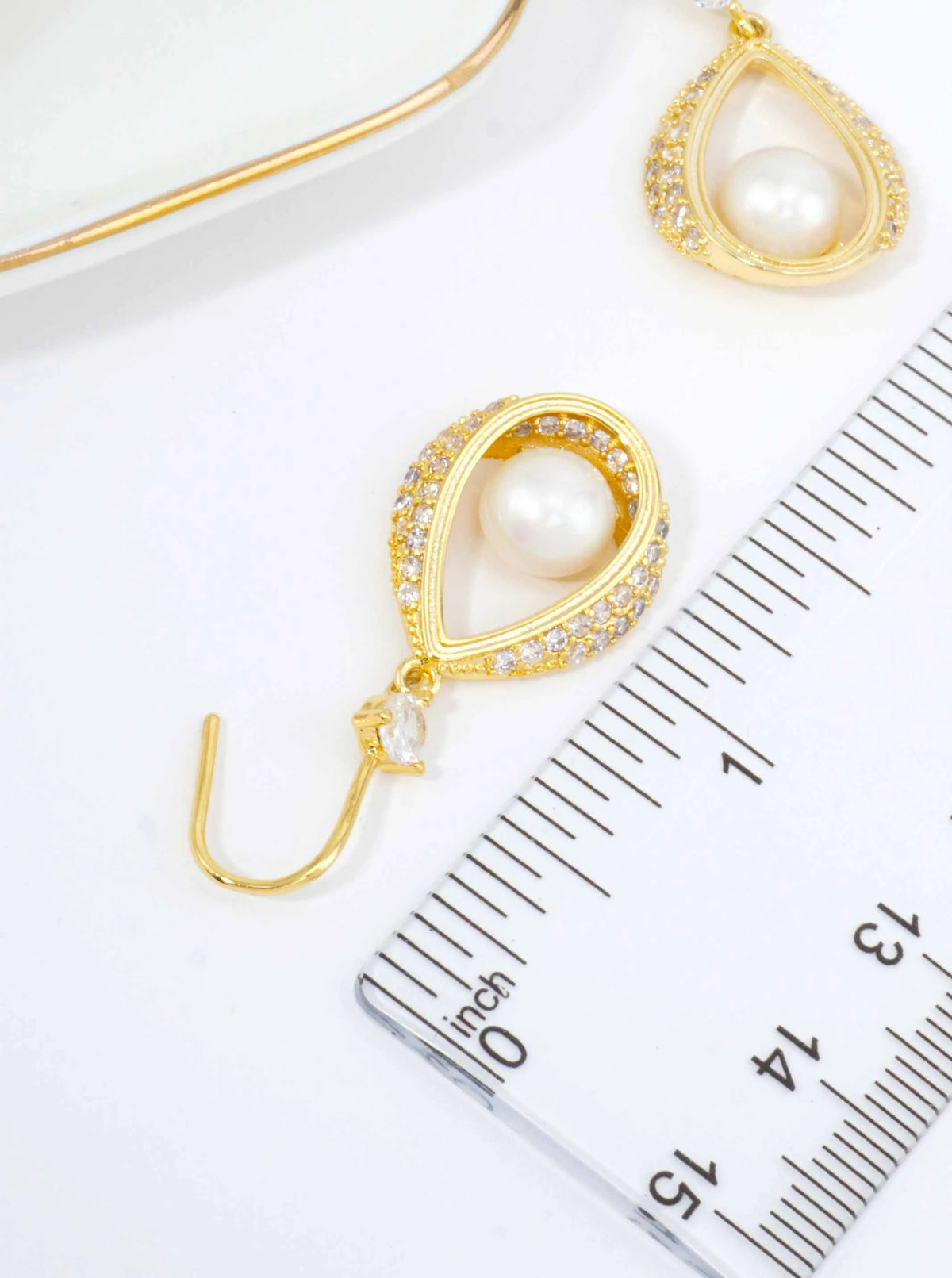 14K Gold Dipped CZ Pave Pearl Teardrop Earrings - Gold White