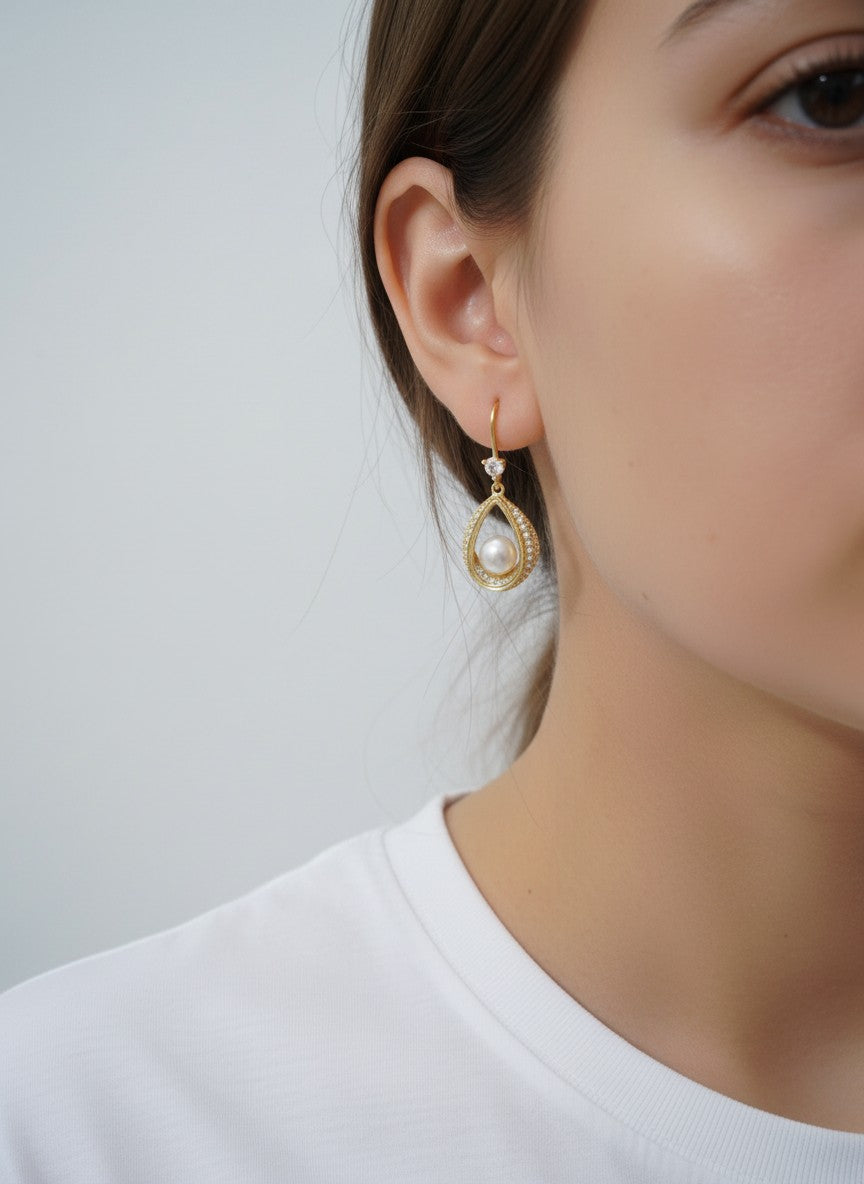 14K Gold Dipped CZ Pave Pearl Teardrop Earrings - Gold White