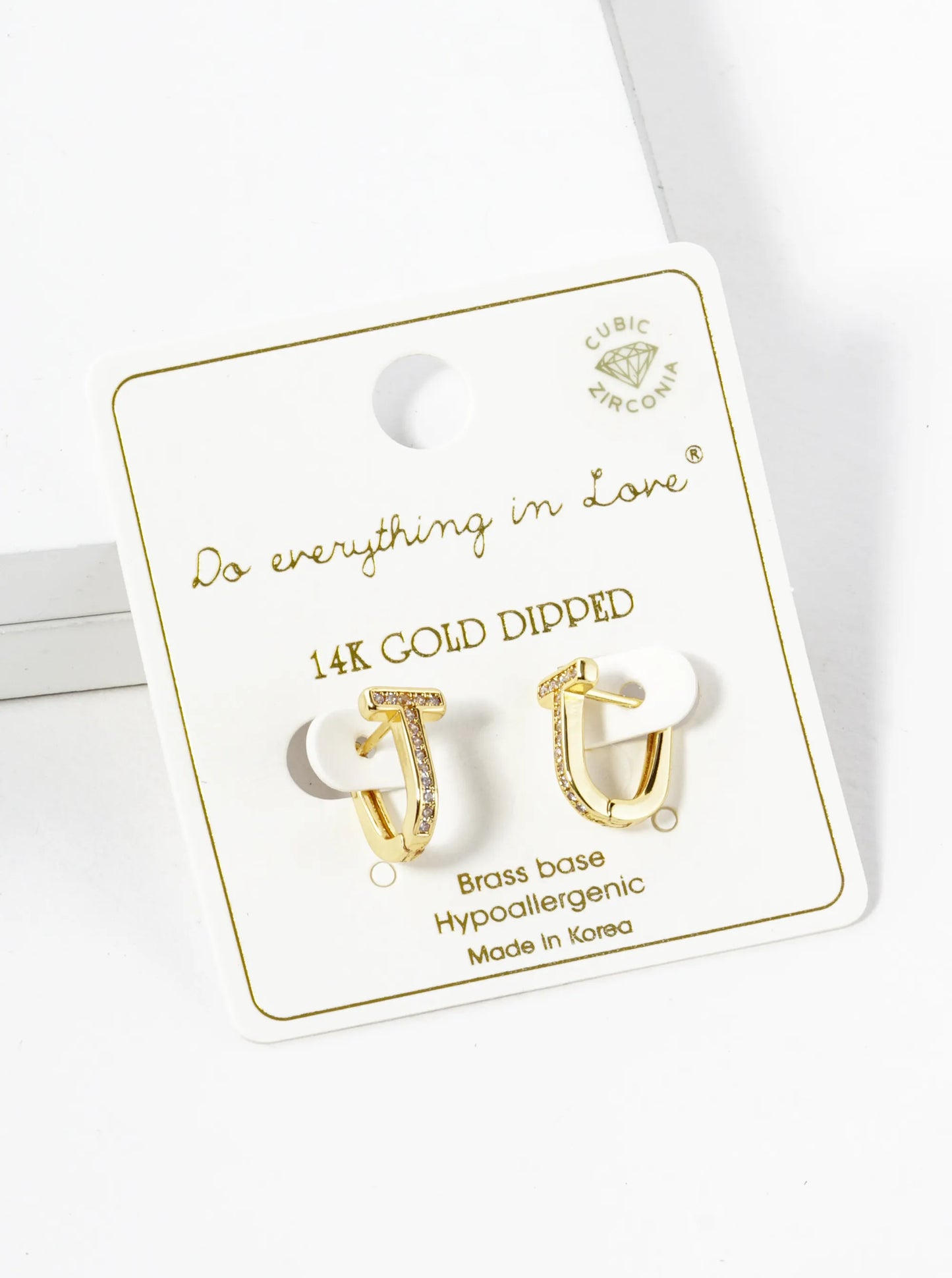 14K Gold Dipped CZ Pave T Shape Huggie Hoop Earrings