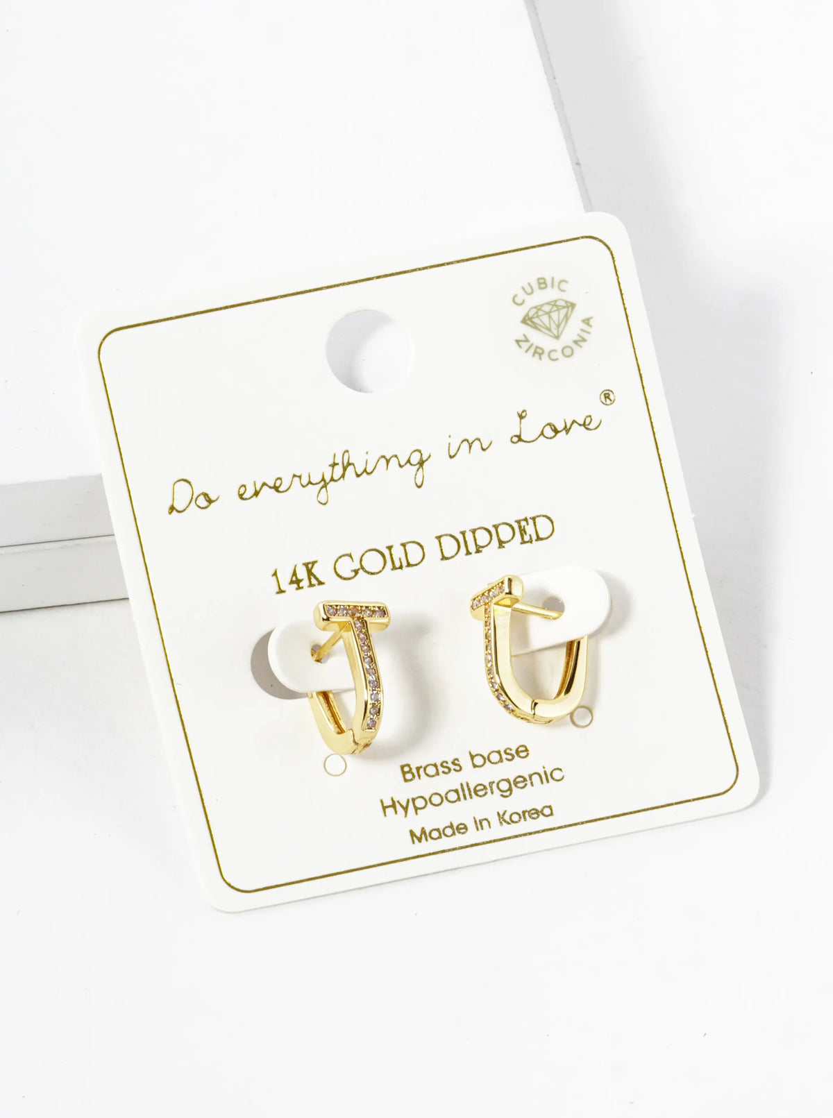 14K Gold Dipped CZ Pave T Shape Huggie Hoop Earrings